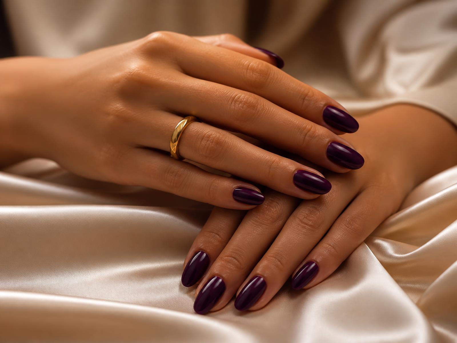 Hands with glossy deep plum manicured nails resting on cream silk