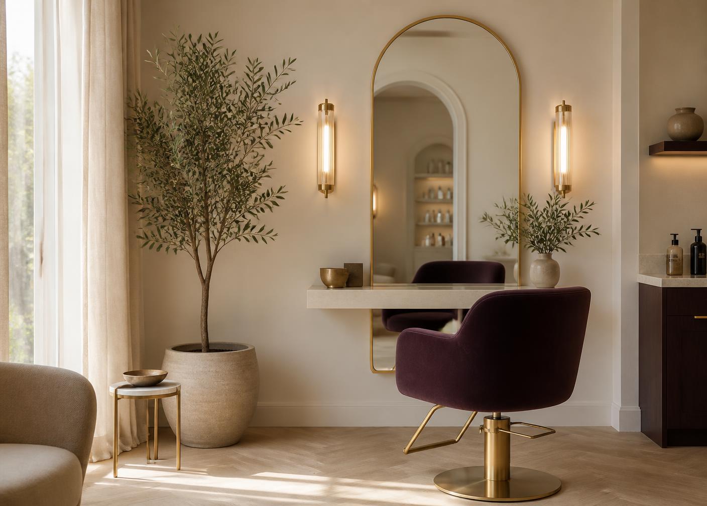 Calm salon interior with plum velvet chair, brass sconces and an arched mirror